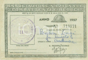 Oggetto da collezione cartaceo 1957 CASTEL SAN GIOVANNI Associazione Combattenti Reduci Tessera Luigi BARBIERI 1