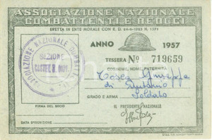 Oggetto da collezione cartaceo 1957 CASTEL SAN GIOVANNI Associazione Combattenti Reduci Tessera Giuseppe TOSCA 1