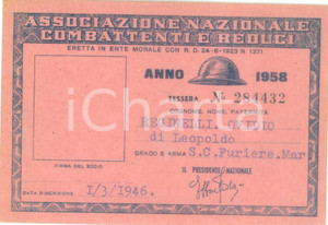 Oggetto da collezione cartaceo 1958 COLLESCIPOLI Associazione Nazionale Combattenti Tessera Ovidio REGINELLI 1
