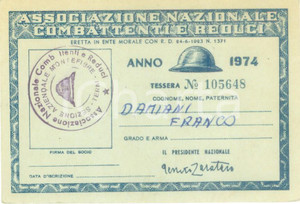 Oggetto da collezione cartaceo 1974 TERNI Associazione Nazionale Combattenti Tessera Franco DAMIANI 1