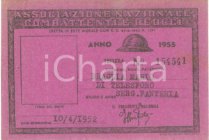 Oggetto da collezione cartaceo 1955 COLLESCIPOLI Associazione Nazionale Combattenti Tessera Mario BRAGLIA 1