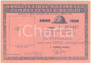 Oggetto da collezione cartaceo 1958 COLLESCIPOLI Associazione Nazionale Combattenti Tessera Ernesto AQUILINI 1