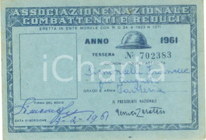 Oggetto da collezione cartaceo 1961 COLLESCIPOLI Associaz. Nazionale Combattenti Tessera Francesco SIMONCELLI 1