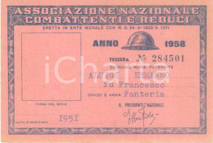 Oggetto da collezione cartaceo 1958 COLLESCIPOLI Associazione Nazionale Combattenti Tessera Ermanno ALUIGI 1