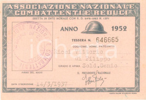 Oggetto da collezione cartaceo 1952 COLLESCIPOLI Associazione Nazionale Combattenti Tessera Vittorio RICCI 1