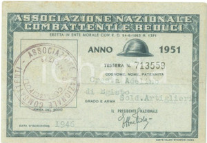 Oggetto da collezione cartaceo 1951 COLLESCIPOLI Associazione nazionale Combattenti Tessera Adelino CRESTA 1