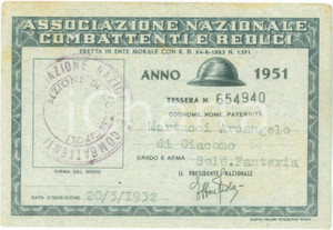Oggetto da collezione cartaceo 1951 COLLESCIPOLI Associazione nazionale Combattenti Tessera Arcangelo MARTUCCI 1