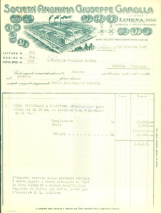 Documento originale, autentico 1945 LIMENA Società Giuseppe GAROLLA Macchine enologiche Fattura 1 1