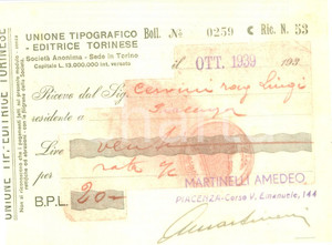 Documento originale, autentico 1939 TORINO Unione Tipografico Editrice Torinese Ricevuta di pagamento 1