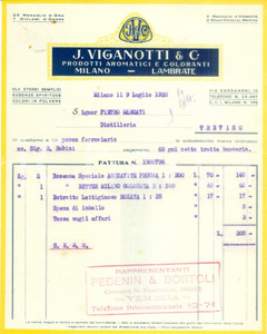 Documento originale, autentico 1928 MILANO LAMBRATE Prodotti aromatici e coloranti VIGANOTTI & C. Fattura 1