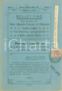 Libro, pubblicazione d epoca 1911 SAVIGLIANO Bollettino Opere Pie Asilo Infantile CasalisLingua Pro Pueritia 1