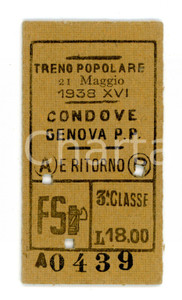 Documento originale, autentico 1938 FERROVIE DELLO STATO Treno popolare CONDOVEGENOVA PORTA PRINCIPE Biglietto 1