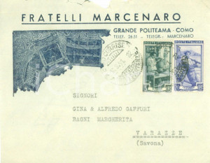 Materiale pubblicitario d’epoca 1951 COMO STORIA POSTALE Grande Politeama Fratelli MARCENARO Busta pubblicitaria 1