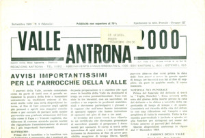 Giornale, rivista storica 1969 Mensile VALLE ANTRONA 2000 Avvisi per le parrocchie della Valle Giornale 1