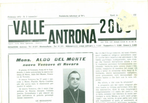 Giornale, rivista storica 1972 Mensile VALLE ANTRONA 2000 Aldo DEL MONTE nuovo Vescovo di NOVARA 1