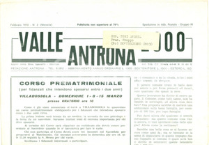 Giornale, rivista storica 1970 Mensile VALLE ANTRONA 2000 Corso prematrimoniale a VILLADOSSOLA Giornale 1