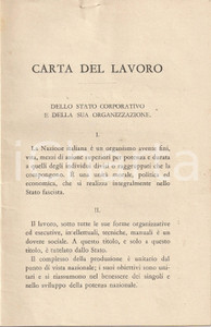 Documento originale, autentico 1928 MINISTERO DELLE CORPORAZIONI Carta del Lavoro dello Stato corporativo 1