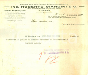Documento originale, autentico 1925 NOVARA Costruzioni Elettromeccaniche Roberto GIARDINI Documento 1