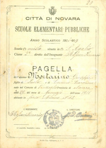 Oggetto da collezione cartaceo 1919 NOVARA Scuole elementari pubbliche Giuseppe MORTARINO Pagella scolastica 1
