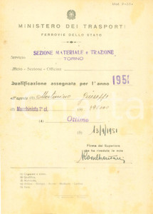 Documento originale, autentico 1951 TORINO FERROVIE DELLO STATO Giuseppe MORTARINO macchinista ottimo Documento 1