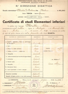Oggetto da collezione cartaceo 1938 MILANO Scuola elementare inferiore DOTTESIO Pagella di Elisa MUTTI 1