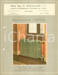 Materiale pubblicitario d’epoca 1935 ca MILANO Ing. DEFRANCESCHI Radiatore NECA Scheda tecnica ILLUSTRATA 1