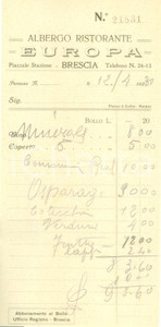 Materiale pubblicitario d’epoca 1930 ca BRESCIA Albergo ristorante EUROPA Ricevuta del pranzo 1