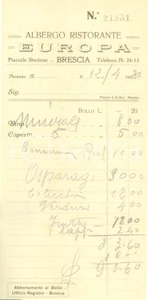 Materiale pubblicitario d’epoca 1930 ca BRESCIA Albergo ristorante EUROPA Ricevuta del pranzo 1
