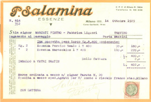 Documento originale, autentico 1929 MILANO Essenze SALAMINA Fattura commerciale su carta intestata 1