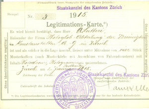 Documento originale, autentico 1915 ZURICH SWITZERLAND Lasciapassare per LUTTERI commesso viaggiatore 1