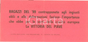 Materiale pubblicitario d’epoca 1950 ca MILANO Associazione Nazionale Ragazzi del  99 Vittoria del PIAVE 1