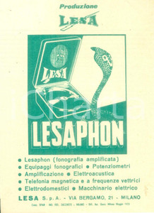 Materiale pubblicitario d’epoca 1955 MILANO Apparecchi LESAPHON fonografia amplificata Volantino ILLUSTRATO 1