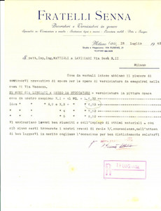 Documento originale, autentico 1940 MILANO Fratelli SENNA Decoratori  Preventivo verniciatura Carta intestata 1