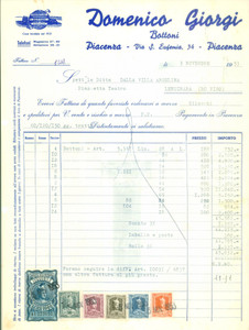 Documento originale, autentico 1953 PIACENZA Domenico GIORGI Manifattura bottoni Fattura DANNEGGIATA 1