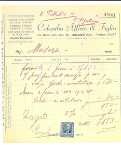 Documento originale, autentico 1930 ca MILANO COLOMBO Alfiero & Figlio  Aste dorate e cornici Fattura 16x19 1