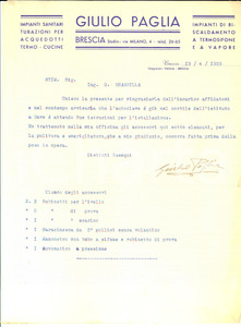 Manoscritto, lettera originale 1939 BRESCIA Ditta Giulio PAGLIA Impianti sanitari Lettera per smerigliatura 1