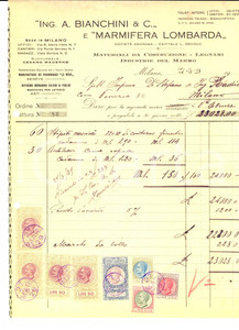 Documento originale, autentico 1929 MILANO Ing. A. BIANCHINI e SocietÃ  MARMIFERA LOMBARDA Fattura intestata 1