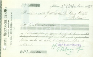 Documento originale, autentico 1929 MILANO Officine Meccaniche STIGLER Ricevuta di pagamento 1