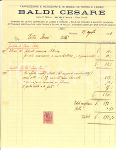 Documento originale, autentico 1926 MORTARA PV Tappezziere Cesare BALDI Conto per affitto mobili Fattura 1
