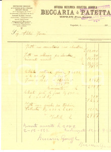 Documento originale, autentico 1927 VESPOLATE NO Officina meccanica BECCARIA & PATETTA Conto manoscritto 1