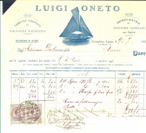 Documento originale, autentico 1924 GENOVA CORNIGLIANO Luigi ONETO Fabbrica sapone giallo Fattura DANNEGGIATA 1