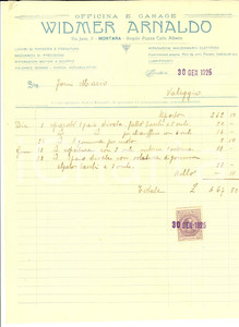 Documento originale, autentico 1925 MORTARA PV Officina e garage Arnaldo WIDMER Fattura intestata 1