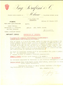 Documento originale, autentico 1939 MILANO Ing. SERAFINI & C.  Preventivo impianto cascinetta VIGENTINO 1