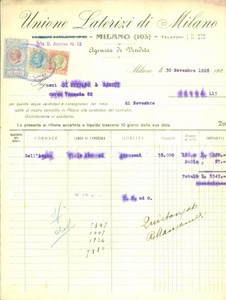 Documento originale, autentico 1928 MILANO Unione laterizi Agenzia di vendita Fattura su carta intestata 1