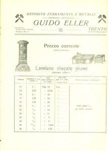 Materiale pubblicitario d’epoca 1921 TRENTO Ditta Guido ELLER Listino lamiere zincate piane ILLUSTRATO 1