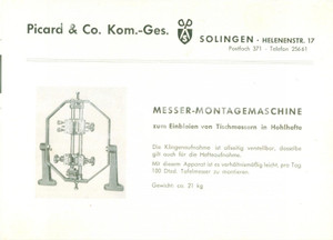 Materiale pubblicitario d’epoca 1960 ca SOLINGEN DE MesserMontagemaschine PICARD & CO. Volantino ILLUSTRATO 1