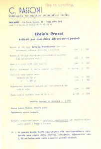 Materiale pubblicitario d’epoca 1961 MILANO Cancelleria per macchine affrancatrici PASSONI Listino prezzi 1