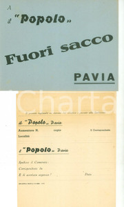 Documento originale, autentico 1940 ca PAVIA Tagliando di spedizione giornale IL POPOLO non compilato con busta 1