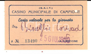 Oggetto da collezione cartaceo 1950 CAMPIONE D ITALIA CO Casinò municipale Biglietto per la giornata 1