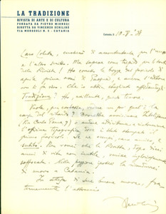 Autografo originale 1938 CATANIA Vincenzo SCHILIRO  trepida per rivista LA TRADIZIONE AUTOGRAFO 1